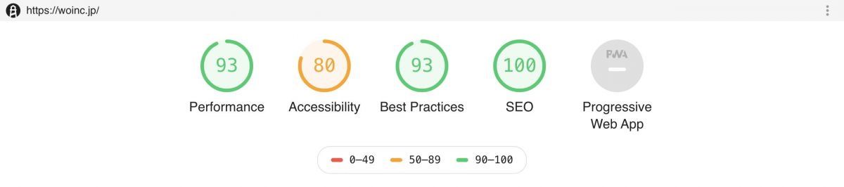 https://woinc.jp/  93 Performance 80 Accessibility 93 Best Practices 100 SEO Progressive Web App 0–49 50–89 90–100